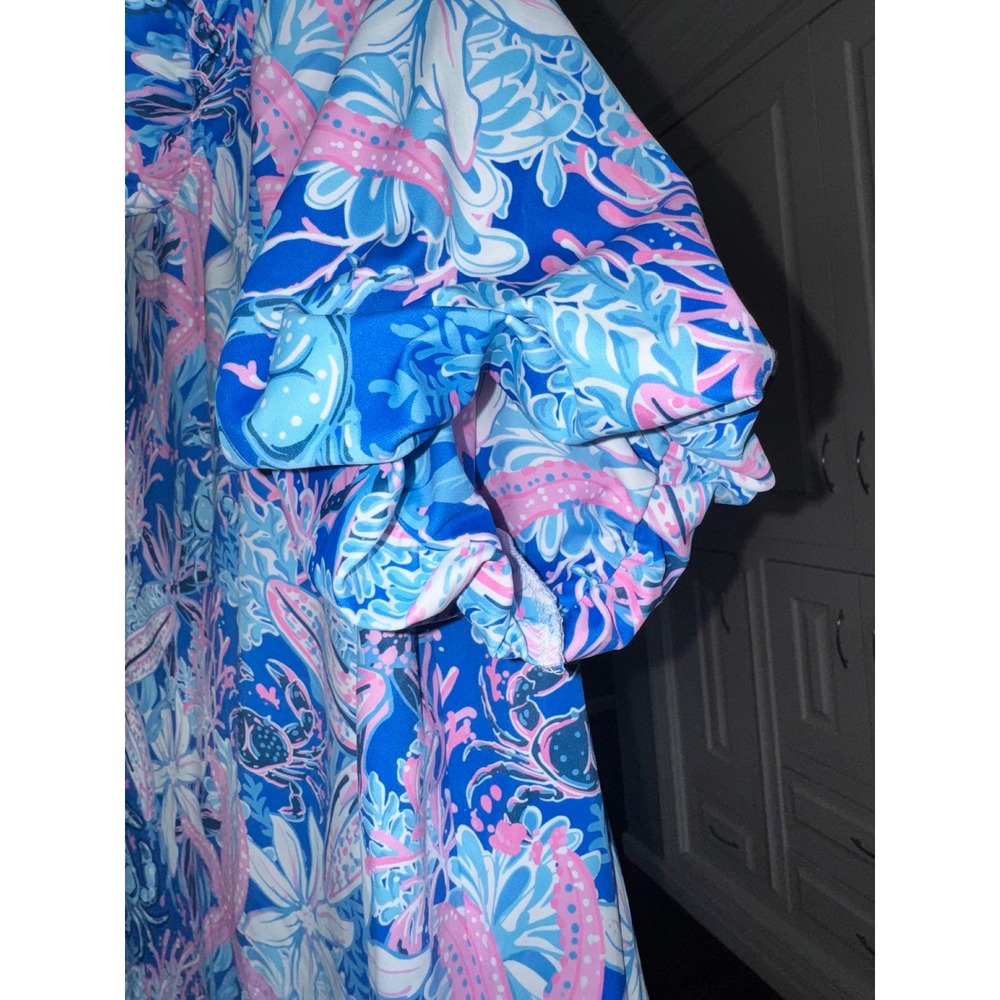 Simply Southern Ruffle Mock Neck Puff Sleeve Performance Top UPF 50+ Blue Pink L - Picture 4 of 8